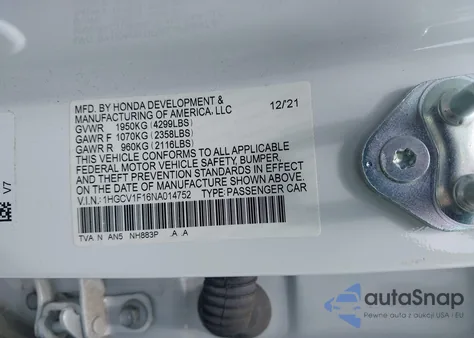 2022 Honda Accord Lx z USA, uszkodzony, nr VIN 1HGCV1F16NA014752